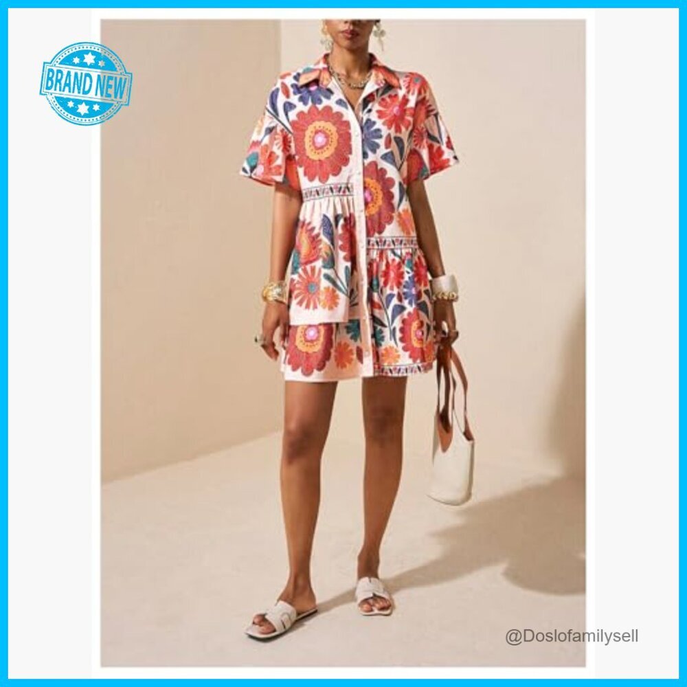 Floral Babydoll Dress Collared Short Sleeve Button Down Ruffle Summer Chic - Picture 5 of 5